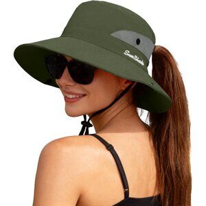 Women's Olive 100% Polyester Wide Brim Mesh Uv Protection Chin Strap Cowboy Hat